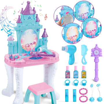 JoyStone Toddler Makeup Table with Mirror and Chair, Kids Makeup Vanity Set with Accessories and Lights and Music Sounds