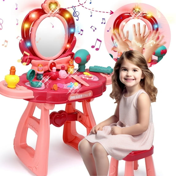 JoyStone Toddler Vanity Set, Pretend Princess Girls Vanity Table with Mirror, Cosmetics and Working Hair Dryer, Kids Vanity Table and Chair Set for 2 3 4 5 Year Old Girls (Pink¡ê?