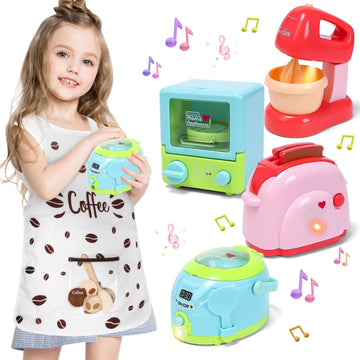 JoyStone Toy Kitchen Set, Pretend Toy Kitchen Appliances Toy Set with Rice Cooker, Blender, Toaster, Microwave with Realistic Lights and Sounds, Birthday Gift for Kids