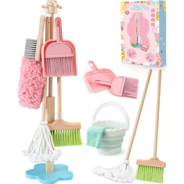JoyStone Wooden Toddler Cleaning Set, Pretend Play Household Cleaning Tools Gifts for Kids Age 3-6, Includes Broom, Mop, Duster and Dustpan, Safe & Durable