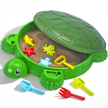 JoyStone Turtle Sandbox with Cover, 38" Kids Sandbox Set with Beach Toys, Indoor Outdoor Sensory Play Sand Toy, Summer Gift for Boys Girls