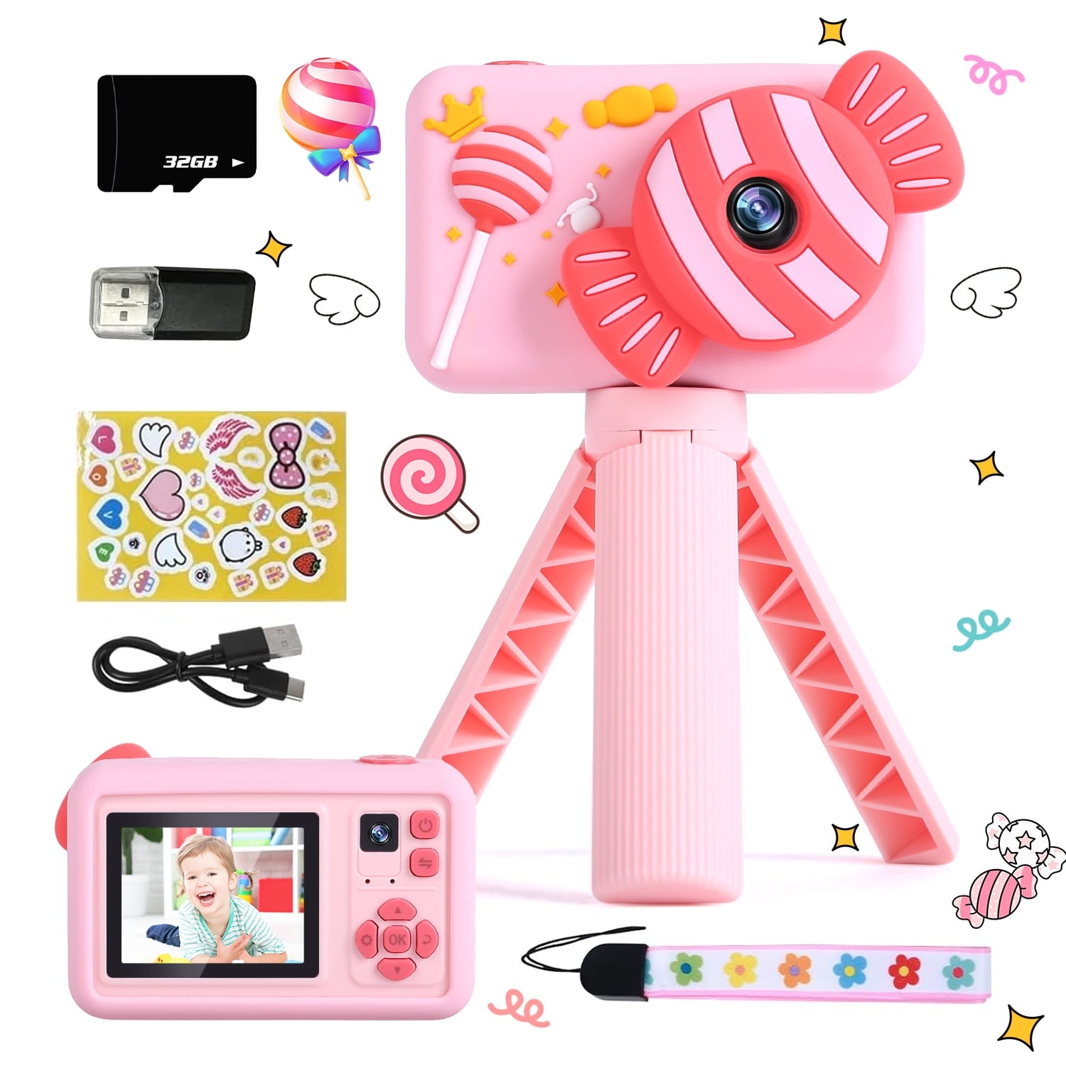 JoyStone Upgrade Selfie Kids Camera with a Tripod, HD Kids Digital Video Cameras for Toddler with Cartoon Soft Silicone Cover, Pink