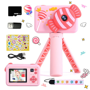 JoyStone Upgrade Selfie Kids Camera with a Tripod, HD Kids Digital Video Cameras for Toddler with Cartoon Soft Silicone Cover, Pink