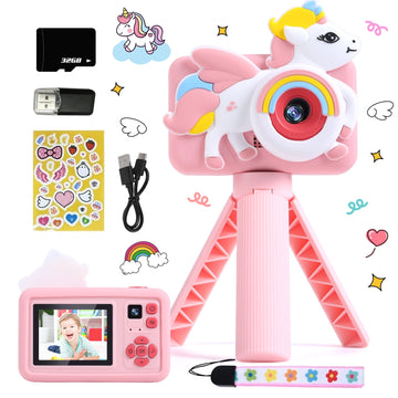 JoyStone Kids Camera with a Tripod, HD Kids Digital Video Cameras for Toddler with Cartoon Soft Silicone Cover, 32G SD Card