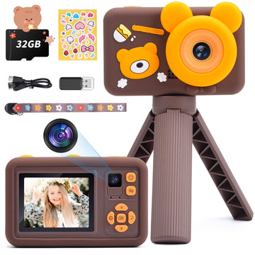 JoyStone Upgrade Selfie Kids Camera with a Tripod, HD Kids Digital Video Cameras for Toddler with Cartoon Soft Silicone Cover,Brown