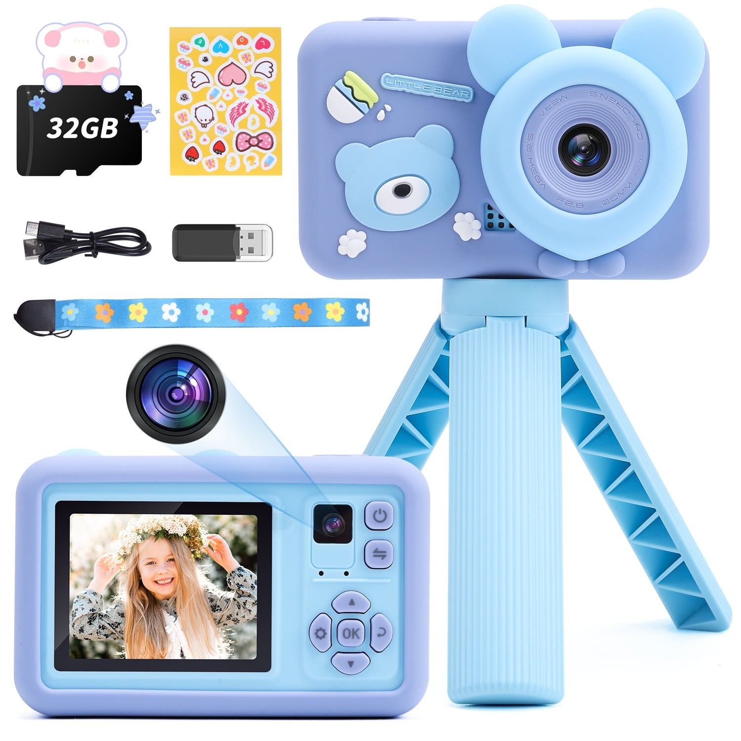 JoyStone Upgrade Selfie Kids Camera with a Tripod, HD Kids Digital Video Cameras for Toddler with Cartoon Soft Silicone Cover