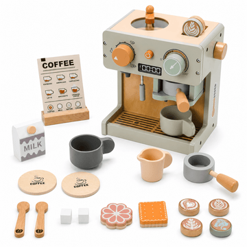 JoyStone Wooden Coffee Maker Toy Set for Kids, Pretend Play Kitchen Playset, Coffee Machine with Cups & Dessert Toys, Birthday Gift for Boys Girls Age 3+