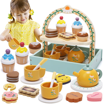 JoyStone Wooden Tea Party Set for Toddlers, Pretend Play Tea Sets for Kids with Storage Cupcake Stand, Wooden Toys Gifts for Girls & Boys£¨19PCS)