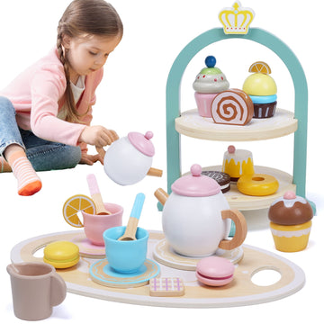 JoyStone Wooden Tea Party Set for Toddlers, Pretend Play Tea Sets for Kids with Storage Cupcake Stand, Wooden Toys Gifts for Girls & Boys(23PCS)