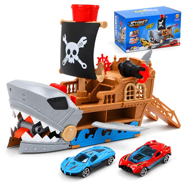 WeFone Shark Pirate Car Playset with Press-to-Launch Cannon, Alloy Cars, Track & Pirate Ship Toy, Interactive Vehicle Playset for Kids Ages 3+
