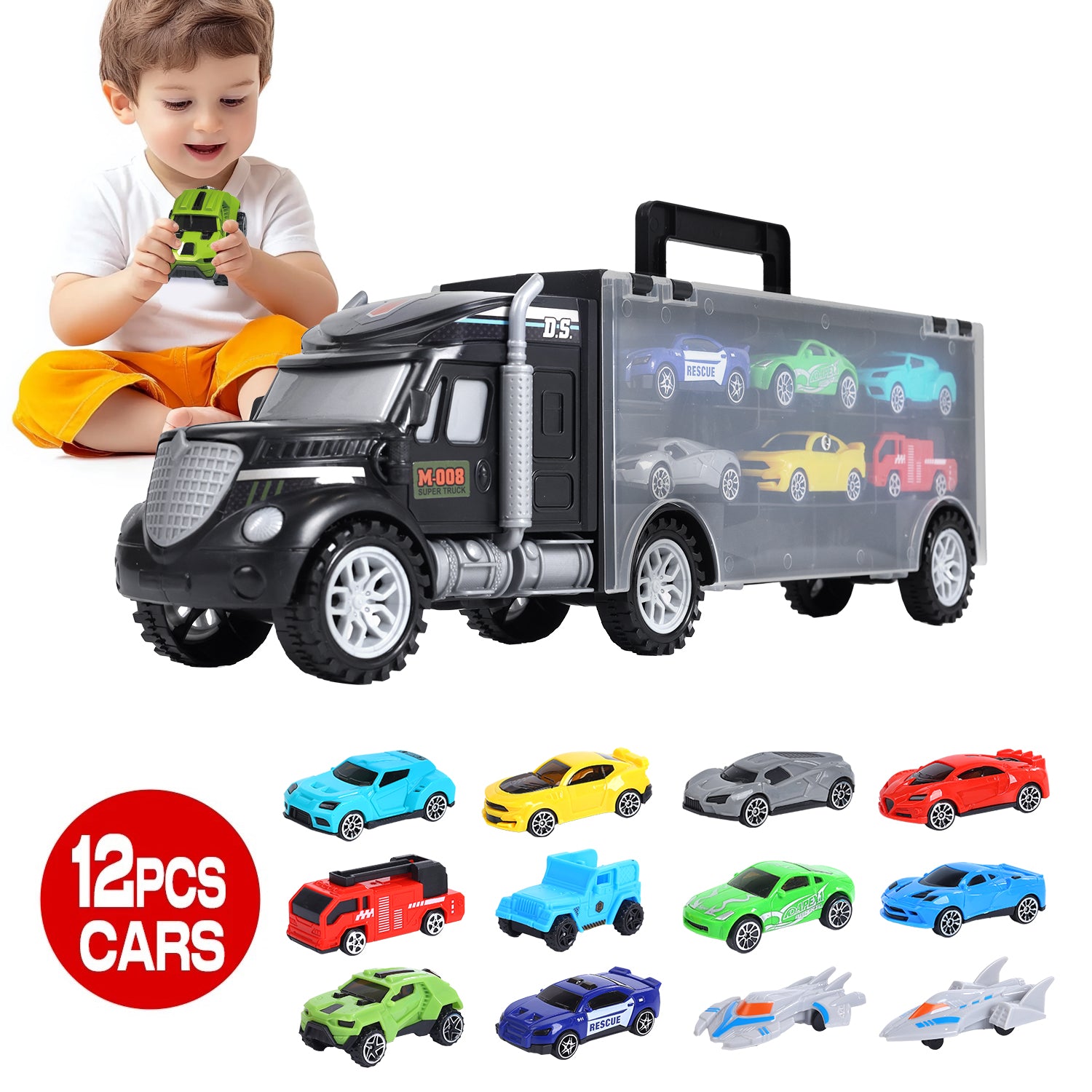 Carrier Truck Toys for ages 2-7, Portable & Double Side Storage Toy with 12 Race Cars, Birthday Gifts for kids