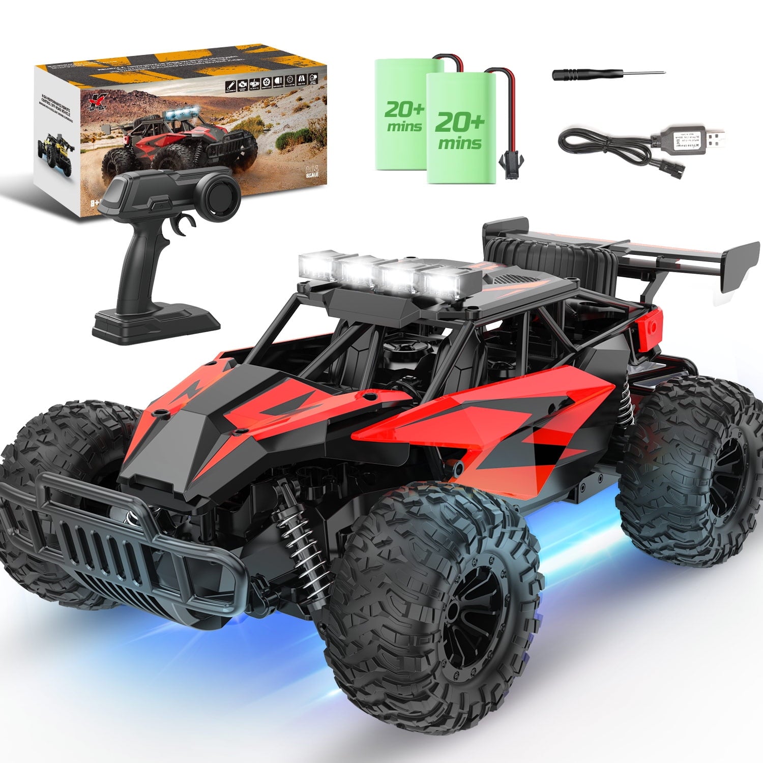 RC Car Truck with Spray and Light, 5 LED Light Modes, Dual Motors off Road Remote Control Car, 4WD Rock Crawler, Spray Water Mist, 35+ Min Play