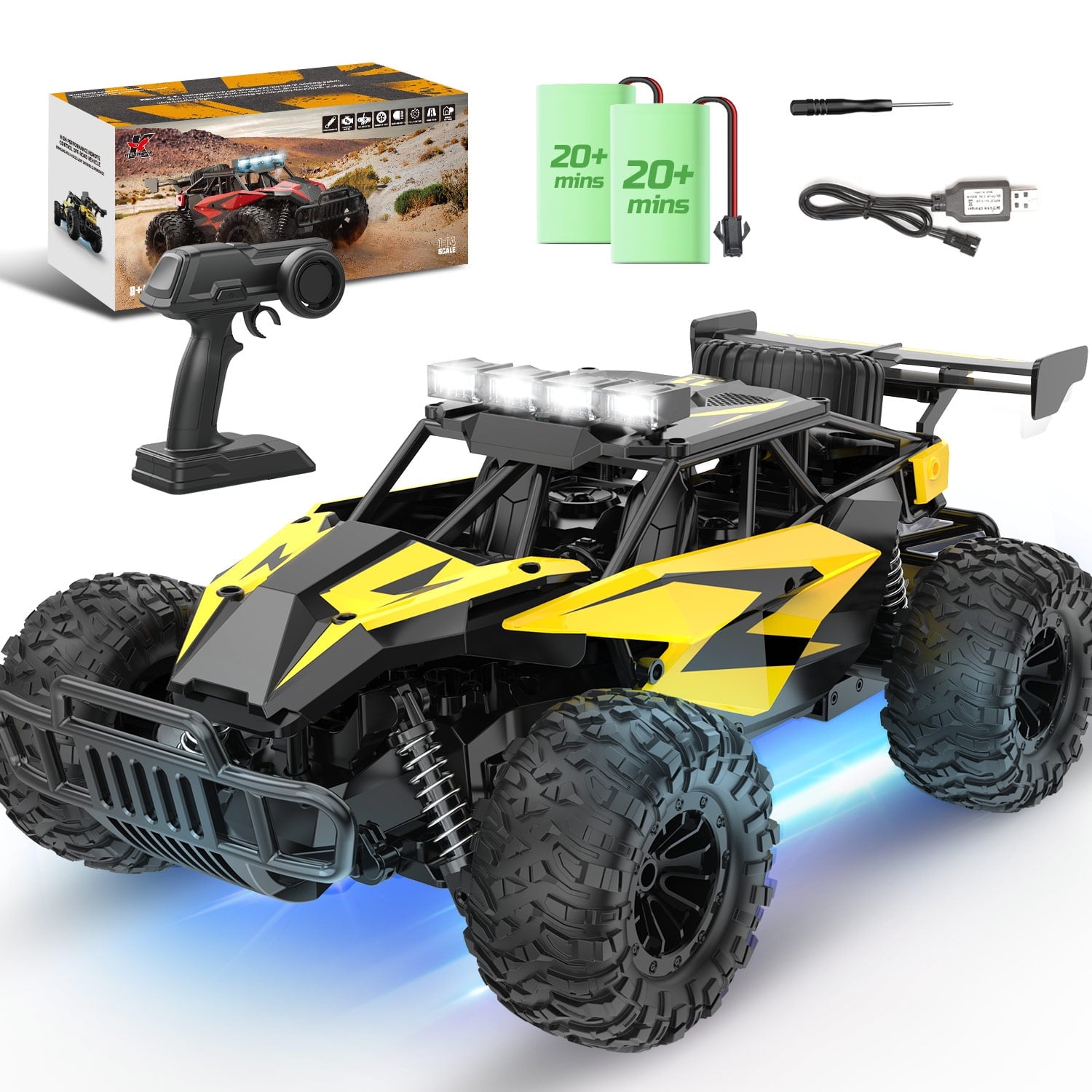 RC Cars 1:18 Scale Remote Control Car, 20 KM/H 2.4Ghz All Terrains Electric Toy Off-Road Monster Truck with 2 Rechargeable Batteries for Boys Kids