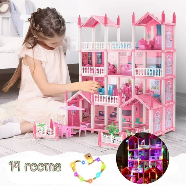 JoyStone Doll House for Girls 14 Rooms Playhouse with 3 Dolls Toy Figures, Princess Dollhouse with Furniture & Rooms Accessories & Slide and Lights, Gift Toy for Kids Ages 3-8+, Pink