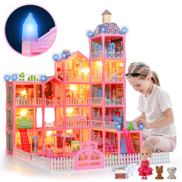 WowSmile Doll House for Girls, 5-Story 16 Rooms Huge Dollhouse Playset with LED Lights, Dolls, Furnitures, Accessories, DIY Pretend Play house Toys Gifts for Kids, Pink