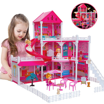 WowSmile Princess Castle House for Girls, Dollhouse Playset, 3-Story 6 Rooms Playhouse with 2 Dolls Toy Figure, Lights and Furniture & Accessories