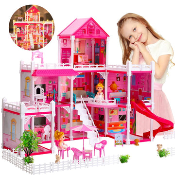 WowSmile Princess Castle House for Girls, Dollhouse Playset, 3-Story 8 Rooms Playhouse with 2 Dolls Toy Figure, Lights and Furniture & Accessories