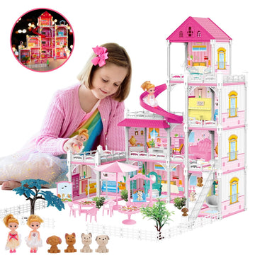 WowSmile 10-Room Dollhouse Playset for Girls, 4-Story with LED Lights and Accessories