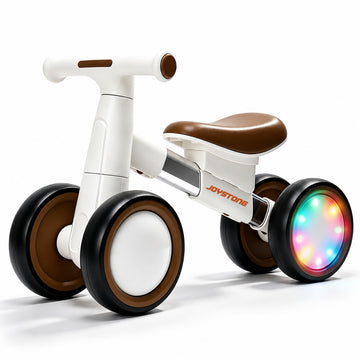 JoyStone Toddler Balance Bike with Light-Up Wheels, No Pedal Baby Balance Bike with 4 Silent Wheels, Adjustable Seat, First Ride-On Toy for 1 Year Old Boys Girls, White & Brown