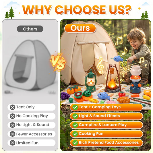 JoyStone 34PCS Kids Camping Tent Playset, Pretend Camping Toy Set with Light & Sound Lantern, Campfire & Stove, Play Food Accessories, Storage Bag, Indoor Outdoor Role Play Gift for Kids 3+