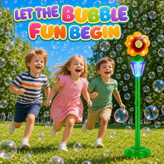 JoyStone Sunflower Bubble Machine for Kids, 2-in-1 Handheld & Standing Bubble Maker with 4 Adjustable Heights, Lights, Outdoor Bubble Toy Gift for Ages 3+
