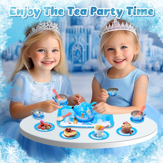JoyStone 19PCS Kids Tea Party Set Includes Kettle, Princess Tea Time Toys Playset Kitchen Pretend Play Toy for 3-10 Years Old, Blue