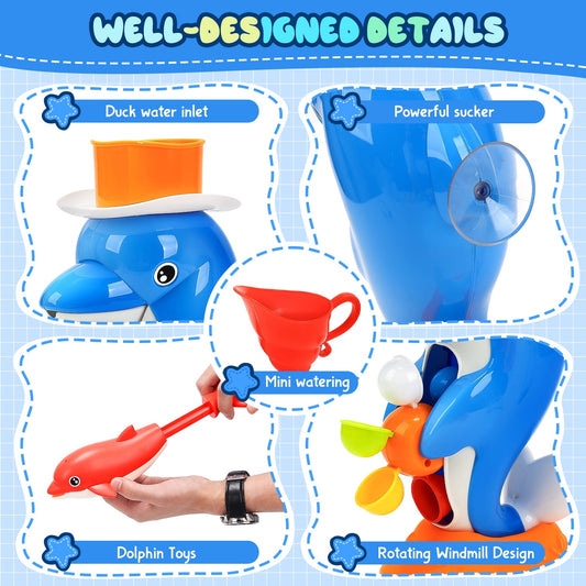 JoyStone 6 PCS Dolphin Bath Toys with Colorful Whirling Wheel, Fishing Games for Toddlers Boys Girls, Blue