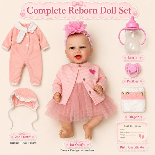 JoyStone 18'' Reborn Baby Doll Girl, Life born with Soft Weighted Body, Realistic Skin Tone Baby Doll Set with 2 Outfits, Pacifier, Bottle, Gift for Kids Age 3+