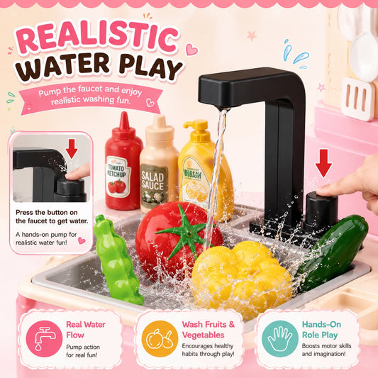 JoyStone 69PCS Kids Kitchen Playset,Play Kitchen Toy with Realistic Lights & Sounds,Pretend Steam, Play Sink & Oven, Menu Board & Other Kitchen Accessories Set for Toddlers