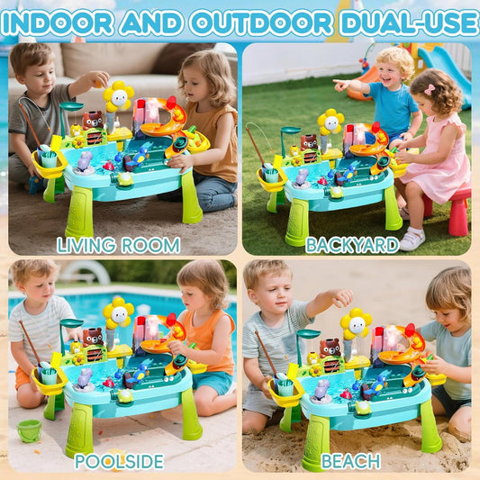 JoyStone 4-in-1 Toddler Sand Water Table with Electric Pump, 23.22” Kids Kitchen Sink Water Table with Fishing Toys & Play Food, Outdoor Play Table for Boys Girls Age 3+