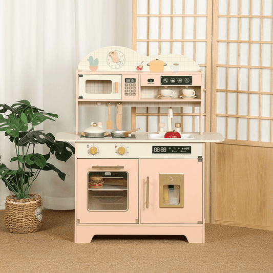 JoyStone Wooden Play Kitchen Set, Pretend Kitchen Toy with Ice Maker, Stove, Oven, Sink, Accessories, Modern Style Kitchen Playset for Kids and Toddlers Age 3+, Pink