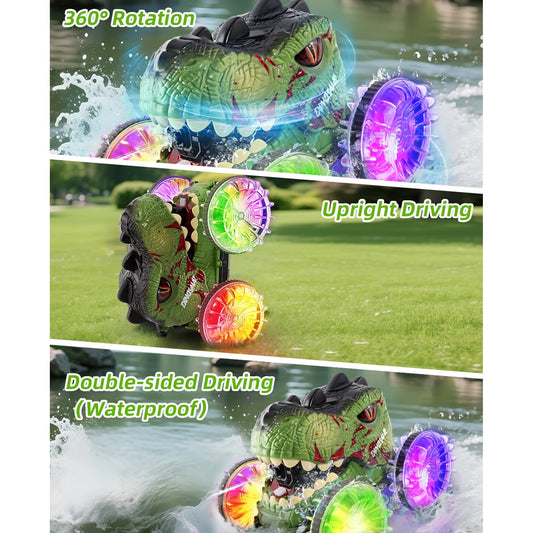 JoyStone Dinosaur Amphibious Remote Control Car for Water & Land with Water Machine, RC Monster Truck Toys with LED Lights, 360° Spins and Drifting for Boys Girls, Green