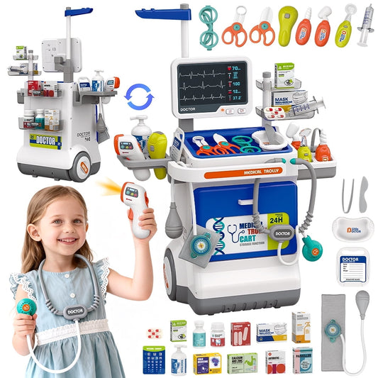 JoyStone Doctor Kit for Toddlers with Medical Cart, 32pcs Pretend Play Doctor Toys with Stethoscope & Thermometer, Role Play Gift for Kids Ages 3+ (Blue)