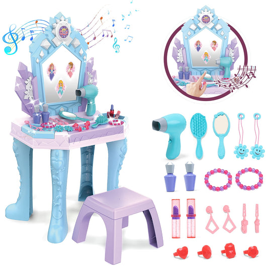 JoyStone Toddler Makeup Table with Mirror and Chair, Kids Makeup Vanity Set with Accessories and Lights and Music Sounds, Makeup Accessories & Blowdryer for Toddlers 2-5 Years Old