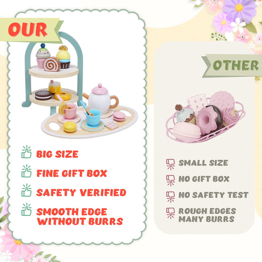 JoyStone Wooden Tea Party Set for Toddlers, Pretend Play Tea Sets for Kids with Storage Cupcake Stand, Wooden Toys Gifts for Girls & Boys(23PCS)