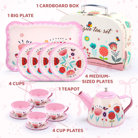 JoyStone 19PCS Kids Tea Party Set Includes Kettle, Princess Tea Time Toys Playset Kitchen Pretend Play Toy for 3-10 Years Old