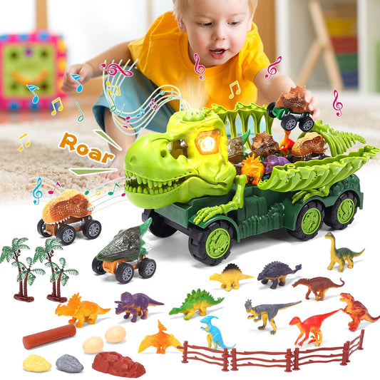 JoyStone 28 IN 1 Dinosaur Truck Toys for Kids, Playset with Dino Figures Pull Back Cars & Catapult Car Dinosaur Skeleton Transport Truck LED & Sound Dino Toys Gifts for Toddlers