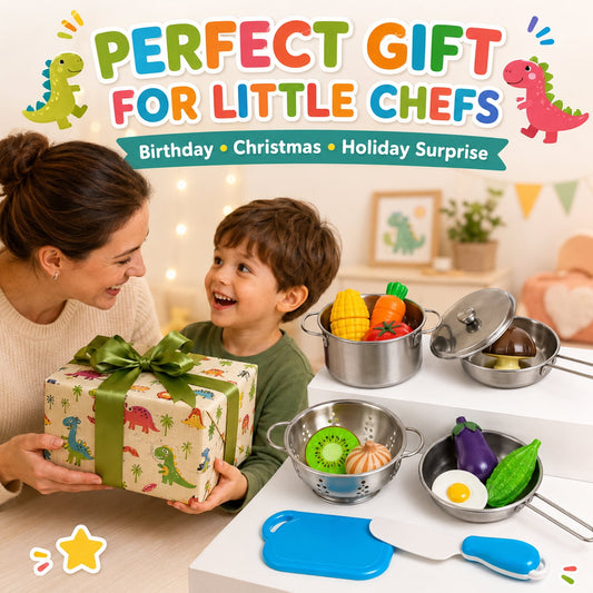 JoyStone Kids Cooking Playset, Stainless Steel Pots and Pans Pretend Play Kitchen Toy Set with Apron, Chef Hat, Cuttable Food and Seasoning Bottles for Age 3+