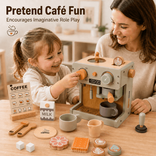 JoyStone Wooden Coffee Maker Toy Set for Kids, Pretend Play Kitchen Playset, Coffee Machine with Cups & Dessert Toys, Birthday Gift for Boys Girls Age 3+