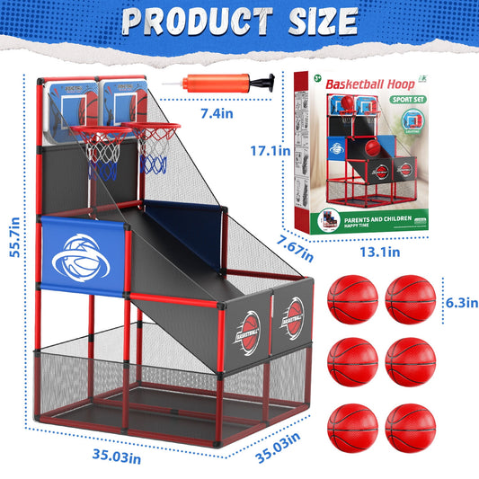 JoyStone Kids Dual Basketball Arcade Game Set with 6 Balls, Adjustable Height with Pump & Storage Net, Indoor Outdoor Basketball Toy Set for Toddlers