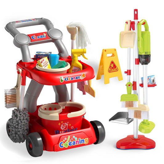 JoyStone Kids Cleaning Set, 20 PCS with Electric Sound & Light Vacuum, Broom, Mop, Dustpan, Brush, Rag, Housekeeping Cart, Perfect Gift for Kids, Red