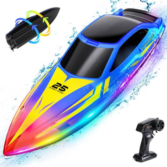 JoyStone 10 Inch RC Boat with 7-Mode Colorful LED Lights, 3 Speed Modes, 2 Batteries 60Mins, Pool Toys for Adults & Kids