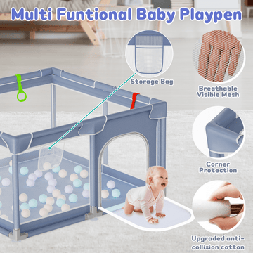JoyStone Baby Playpen, 50 x 50 in, Non-Slip Base, Soft Mesh Sides, 2 Pull-up Rings, Carry Bag, Gray