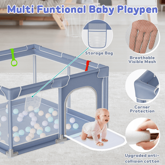 JoyStone Baby Playpen 50''x50'' Inches, Safe Non-Slip Base Play Yard with Soft Breathable Mesh, 2 Pull-Up Rings & Carry Bag, Sturdy Indoor & Outdoor Baby Activity Center for Toddlers, Gray