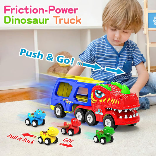 JoyStone Car Toys for Toddler Girls, Princess Truck with Lights and Sounds, Foldable 2-Player Race Track, 6 Friction Powered Cars, Birthday Gift for Kids Ages 3-8