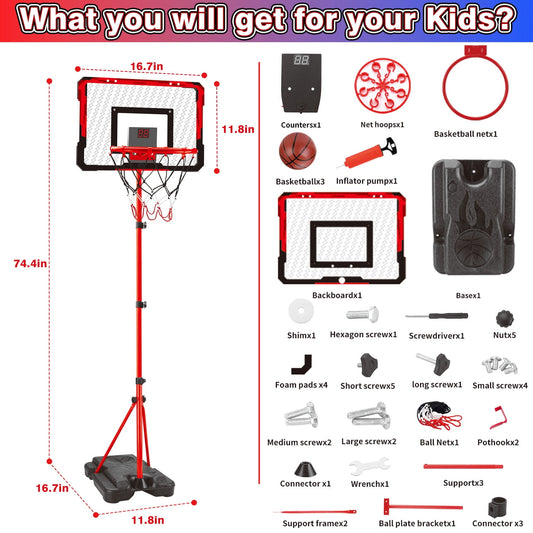 JoyStone 2-in-1 Kid Basketball Hoop with LED Lights & Scoreboard & 3 Balls, Toddler Basketball Hoop Adjustable Height 5.1ft-6.2ft, Basketball Toy Gifts for Boys & Girls