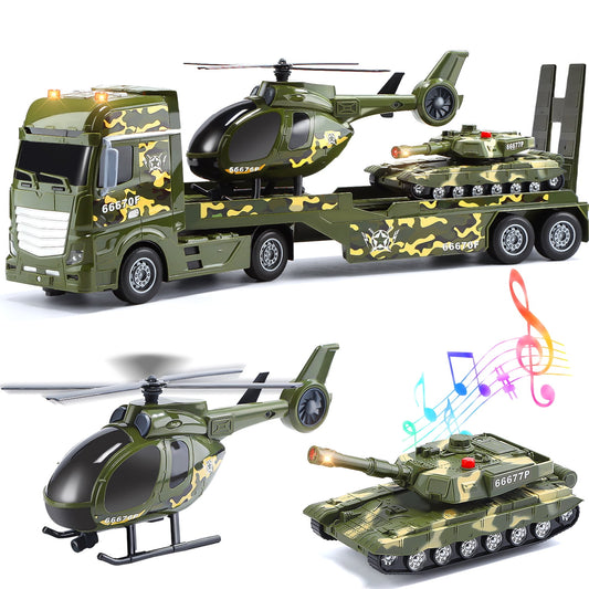 JoyStone 3 in 1 Green Military Big Truck Toys, Military Transport Truck Toy with Helicoper and Tank, Gift for 3+ Kids
