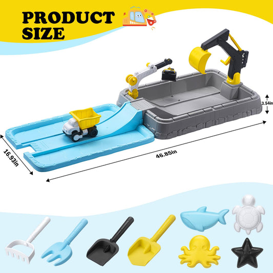 JoyStone Dirt Diggers Excavator Sandbox with Cover for Kids, Construction Sandbox Set with Beach Toys & Dump Truck, Perfect Outdoor Sand Toy for Toddlers