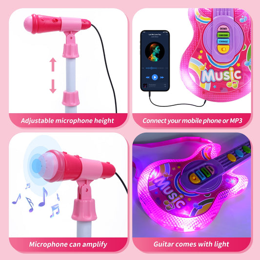 JoyStone Guitar and Microphone Set for Kids with Music & Colorful Light, Adjustable Height Microphone with Stand, Guitar Toys for Boys and Girls, Pink