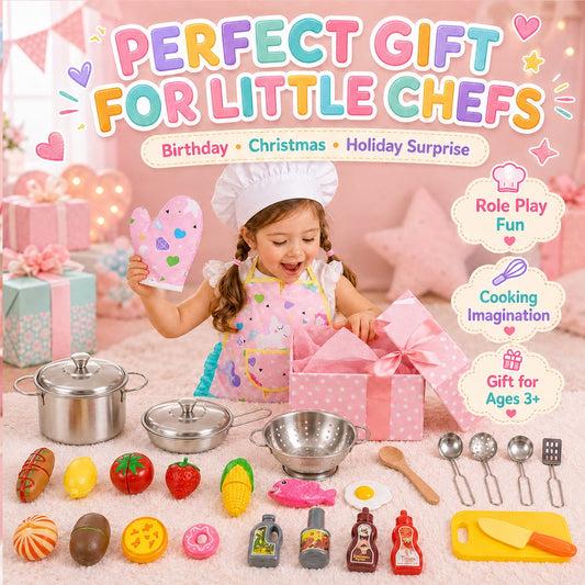 JoyStone Kids Cooking Playset, Stainless Steel Pots and Pans Pretend Play Kitchen Toy Set with Apron, Chef Hat, Cuttable Food and Seasoning Bottles for Age 3+, Pink